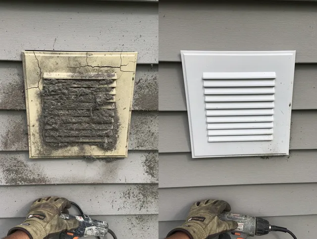Shelton Dryer Vent Cleaning technician installing high-quality dryer vent cover at a residential property in Shelton